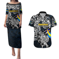 Personalized Sweden Viking Blood Couples Matching Puletasi and Hawaiian Shirt Nordic Runes and Shield of Ancestry in Tribal Knotwork