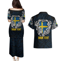 Personalized Sweden Viking Blood Couples Matching Puletasi and Hawaiian Shirt Nordic Runes and Shield of Ancestry in Tribal Knotwork