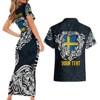 Personalized Sweden Viking Blood Couples Matching Short Sleeve Bodycon Dress and Hawaiian Shirt Nordic Runes and Shield of Ancestry in Tribal Knotwork