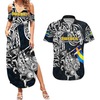 Personalized Sweden Viking Blood Couples Matching Summer Maxi Dress and Hawaiian Shirt Nordic Runes and Shield of Ancestry in Tribal Knotwork