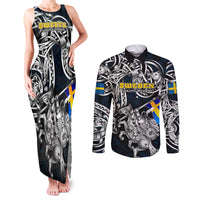 Personalized Sweden Viking Blood Couples Matching Tank Maxi Dress and Long Sleeve Button Shirt Nordic Runes and Shield of Ancestry in Tribal Knotwork