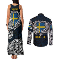 Personalized Sweden Viking Blood Couples Matching Tank Maxi Dress and Long Sleeve Button Shirt Nordic Runes and Shield of Ancestry in Tribal Knotwork