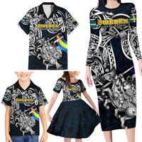 Personalized Sweden Viking Blood Family Matching Long Sleeve Bodycon Dress and Hawaiian Shirt Nordic Runes and Shield of Ancestry in Tribal Knotwork
