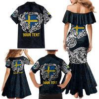 Personalized Sweden Viking Blood Family Matching Mermaid Dress and Hawaiian Shirt Nordic Runes and Shield of Ancestry in Tribal Knotwork