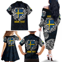 Personalized Sweden Viking Blood Family Matching Off The Shoulder Long Sleeve Dress and Hawaiian Shirt Nordic Runes and Shield of Ancestry in Tribal Knotwork