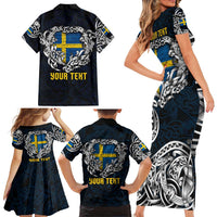 Personalized Sweden Viking Blood Family Matching Short Sleeve Bodycon Dress and Hawaiian Shirt Nordic Runes and Shield of Ancestry in Tribal Knotwork
