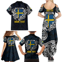 Personalized Sweden Viking Blood Family Matching Summer Maxi Dress and Hawaiian Shirt Nordic Runes and Shield of Ancestry in Tribal Knotwork