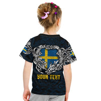 Personalized Sweden Viking Blood Kid T Shirt Nordic Runes and Shield of Ancestry in Tribal Knotwork