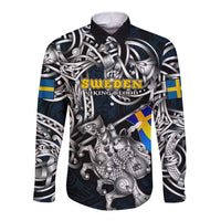 Personalized Sweden Viking Blood Long Sleeve Button Shirt Nordic Runes and Shield of Ancestry in Tribal Knotwork
