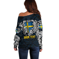 Personalized Sweden Viking Blood Off Shoulder Sweater Nordic Runes and Shield of Ancestry in Tribal Knotwork