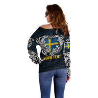 Personalized Sweden Viking Blood Off Shoulder Sweater Nordic Runes and Shield of Ancestry in Tribal Knotwork