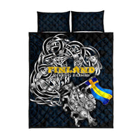 Sweden Viking Blood Quilt Bed Set Nordic Runes and Shield of Ancestry in Tribal Knotwork