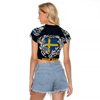 Personalized Sweden Viking Blood Raglan Cropped T Shirt Nordic Runes and Shield of Ancestry in Tribal Knotwork