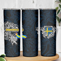 Sweden Viking Blood Skinny Tumbler Nordic Runes and Shield of Ancestry in Tribal Knotwork