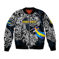 Personalized Sweden Viking Blood Sleeve Zip Bomber Jacket Nordic Runes and Shield of Ancestry in Tribal Knotwork
