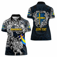 Personalized Sweden Viking Blood Women Polo Shirt Nordic Runes and Shield of Ancestry in Tribal Knotwork