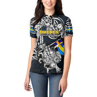 Personalized Sweden Viking Blood Women Polo Shirt Nordic Runes and Shield of Ancestry in Tribal Knotwork