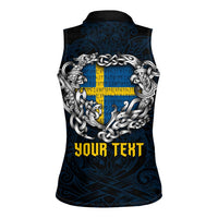 Personalized Sweden Viking Blood Women Sleeveless Polo Shirt Nordic Runes and Shield of Ancestry in Tribal Knotwork