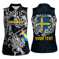 Personalized Sweden Viking Blood Women Sleeveless Polo Shirt Nordic Runes and Shield of Ancestry in Tribal Knotwork
