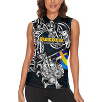 Personalized Sweden Viking Blood Women Sleeveless Polo Shirt Nordic Runes and Shield of Ancestry in Tribal Knotwork