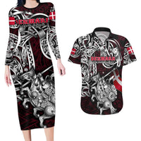 Personalized Denmark Viking Blood Couples Matching Long Sleeve Bodycon Dress and Hawaiian Shirt Nordic Runes and Shield of Ancestry in Tribal Knotwork