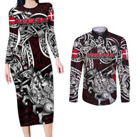 Personalized Denmark Viking Blood Couples Matching Long Sleeve Bodycon Dress and Long Sleeve Button Shirt Nordic Runes and Shield of Ancestry in Tribal Knotwork