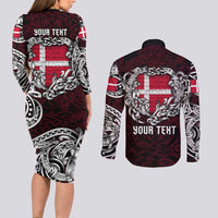 Personalized Denmark Viking Blood Couples Matching Long Sleeve Bodycon Dress and Long Sleeve Button Shirt Nordic Runes and Shield of Ancestry in Tribal Knotwork