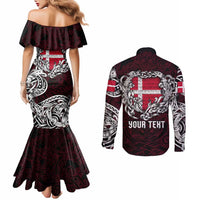 Personalized Denmark Viking Blood Couples Matching Mermaid Dress and Long Sleeve Button Shirt Nordic Runes and Shield of Ancestry in Tribal Knotwork