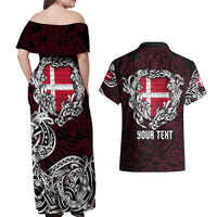 Personalized Denmark Viking Blood Couples Matching Off Shoulder Maxi Dress and Hawaiian Shirt Nordic Runes and Shield of Ancestry in Tribal Knotwork
