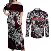 Personalized Denmark Viking Blood Couples Matching Off Shoulder Maxi Dress and Long Sleeve Button Shirt Nordic Runes and Shield of Ancestry in Tribal Knotwork