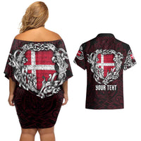 Personalized Denmark Viking Blood Couples Matching Off Shoulder Short Dress and Hawaiian Shirt Nordic Runes and Shield of Ancestry in Tribal Knotwork