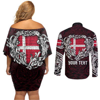 Personalized Denmark Viking Blood Couples Matching Off Shoulder Short Dress and Long Sleeve Button Shirt Nordic Runes and Shield of Ancestry in Tribal Knotwork