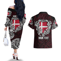 Personalized Denmark Viking Blood Couples Matching Off The Shoulder Long Sleeve Dress and Hawaiian Shirt Nordic Runes and Shield of Ancestry in Tribal Knotwork
