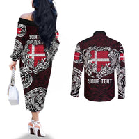 Personalized Denmark Viking Blood Couples Matching Off The Shoulder Long Sleeve Dress and Long Sleeve Button Shirt Nordic Runes and Shield of Ancestry in Tribal Knotwork