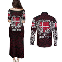 Personalized Denmark Viking Blood Couples Matching Puletasi and Long Sleeve Button Shirt Nordic Runes and Shield of Ancestry in Tribal Knotwork