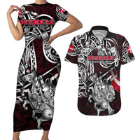 Personalized Denmark Viking Blood Couples Matching Short Sleeve Bodycon Dress and Hawaiian Shirt Nordic Runes and Shield of Ancestry in Tribal Knotwork