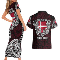 Personalized Denmark Viking Blood Couples Matching Short Sleeve Bodycon Dress and Hawaiian Shirt Nordic Runes and Shield of Ancestry in Tribal Knotwork