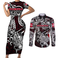 Personalized Denmark Viking Blood Couples Matching Short Sleeve Bodycon Dress and Long Sleeve Button Shirt Nordic Runes and Shield of Ancestry in Tribal Knotwork