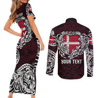 Personalized Denmark Viking Blood Couples Matching Short Sleeve Bodycon Dress and Long Sleeve Button Shirt Nordic Runes and Shield of Ancestry in Tribal Knotwork