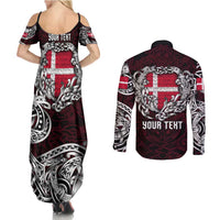 Personalized Denmark Viking Blood Couples Matching Summer Maxi Dress and Long Sleeve Button Shirt Nordic Runes and Shield of Ancestry in Tribal Knotwork