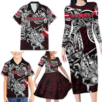 Personalized Denmark Viking Blood Family Matching Long Sleeve Bodycon Dress and Hawaiian Shirt Nordic Runes and Shield of Ancestry in Tribal Knotwork