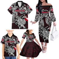 Personalized Denmark Viking Blood Family Matching Off The Shoulder Long Sleeve Dress and Hawaiian Shirt Nordic Runes and Shield of Ancestry in Tribal Knotwork