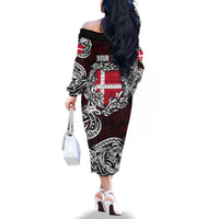 Personalized Denmark Viking Blood Family Matching Off The Shoulder Long Sleeve Dress and Hawaiian Shirt Nordic Runes and Shield of Ancestry in Tribal Knotwork