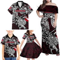 Personalized Denmark Viking Blood Family Matching Off Shoulder Maxi Dress and Hawaiian Shirt Nordic Runes and Shield of Ancestry in Tribal Knotwork