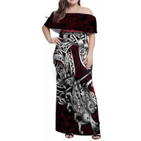 Personalized Denmark Viking Blood Family Matching Off Shoulder Maxi Dress and Hawaiian Shirt Nordic Runes and Shield of Ancestry in Tribal Knotwork