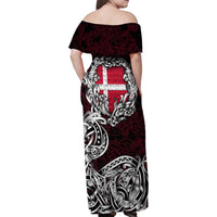 Personalized Denmark Viking Blood Family Matching Off Shoulder Maxi Dress and Hawaiian Shirt Nordic Runes and Shield of Ancestry in Tribal Knotwork