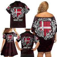 Personalized Denmark Viking Blood Family Matching Off Shoulder Short Dress and Hawaiian Shirt Nordic Runes and Shield of Ancestry in Tribal Knotwork