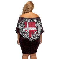 Personalized Denmark Viking Blood Family Matching Off Shoulder Short Dress and Hawaiian Shirt Nordic Runes and Shield of Ancestry in Tribal Knotwork
