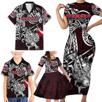 Personalized Denmark Viking Blood Family Matching Short Sleeve Bodycon Dress and Hawaiian Shirt Nordic Runes and Shield of Ancestry in Tribal Knotwork