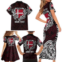 Personalized Denmark Viking Blood Family Matching Short Sleeve Bodycon Dress and Hawaiian Shirt Nordic Runes and Shield of Ancestry in Tribal Knotwork